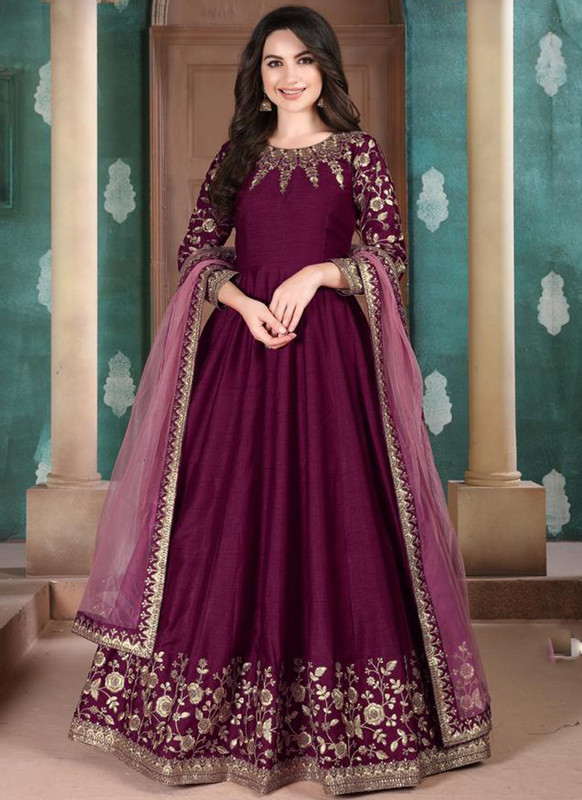 Dial N Fashion Aanaya Purple Silk Embroidered Work Party Wear Anarkali Suit