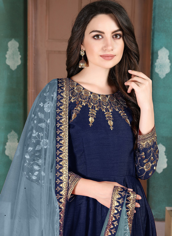 Twisha Aanaya Blue Color Adda Silk Designer Party Wear Anarkali Salwar Kameez