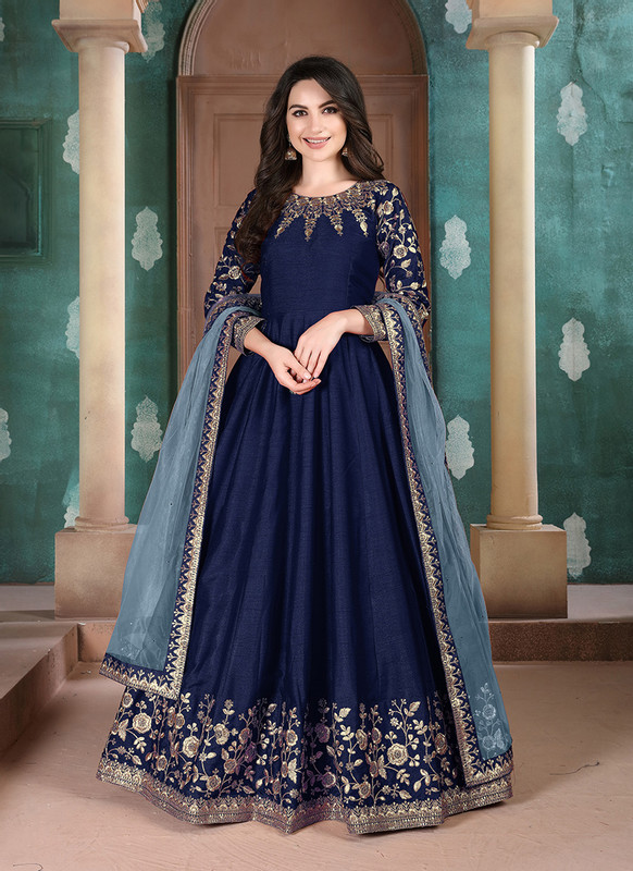 Twisha Aanaya Blue Color Adda Silk Designer Party Wear Anarkali Salwar Kameez