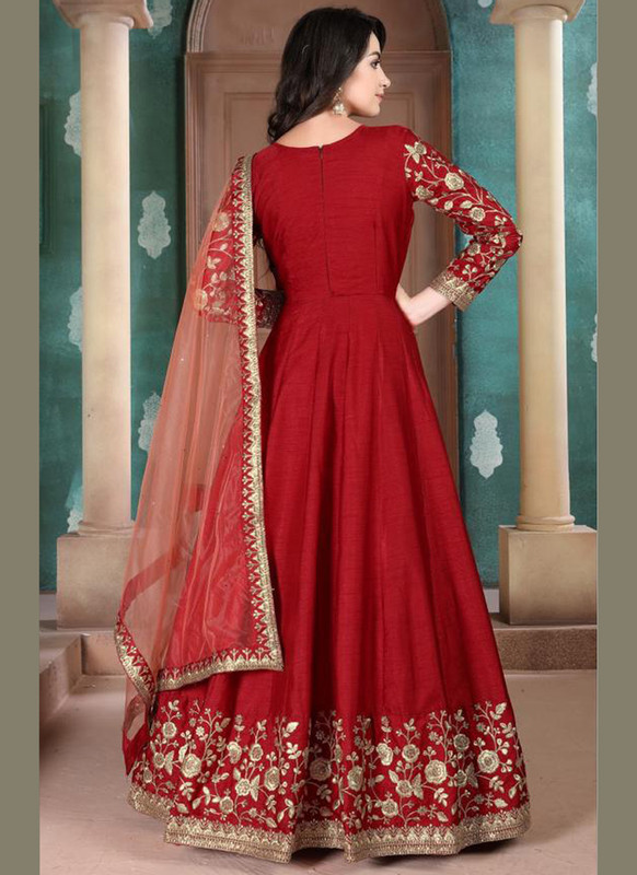 Dial N Fashion Aanaya Red Silk Embroidered Work Party Wear Anarkali Salwar Kameez