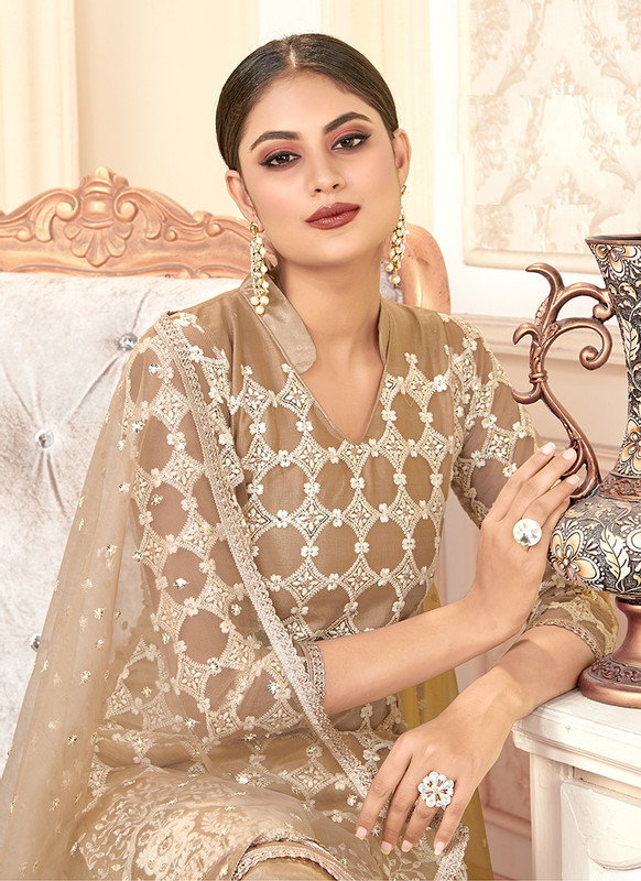 Varni Zeeya Husna Brown Designer Net Salwar Suit with Classic Dupatta