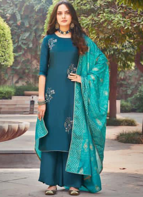 Dial N Fashion Blue Silk Embroidered Work Party Wear Palazzo Salwar Suit