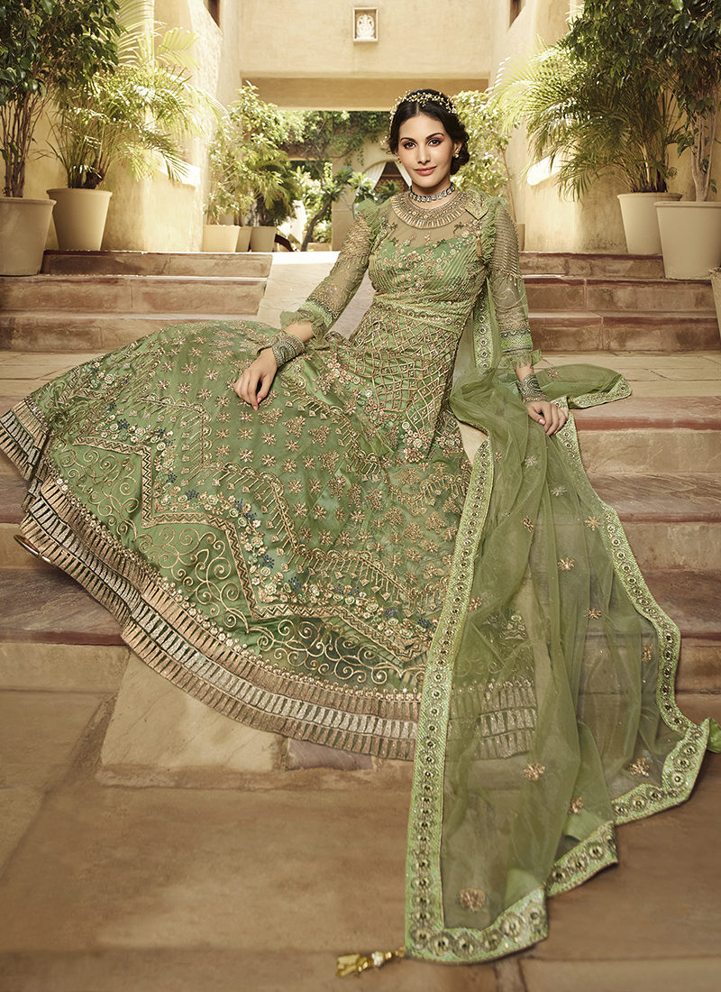 Glossy Amyra Shaivi Green Designer Wedding Wear Suit