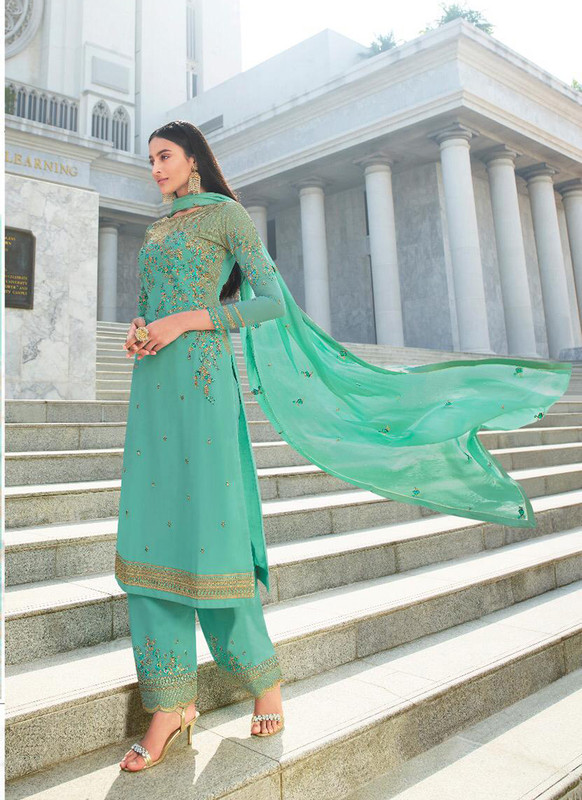 Glossy Sky Blue  Heenaz Designer Palazzo Pant Style Designer Salwar Suit