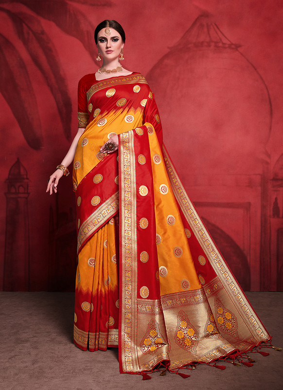 Silk Saree In Red and Orange Color For Wedding from Kesari