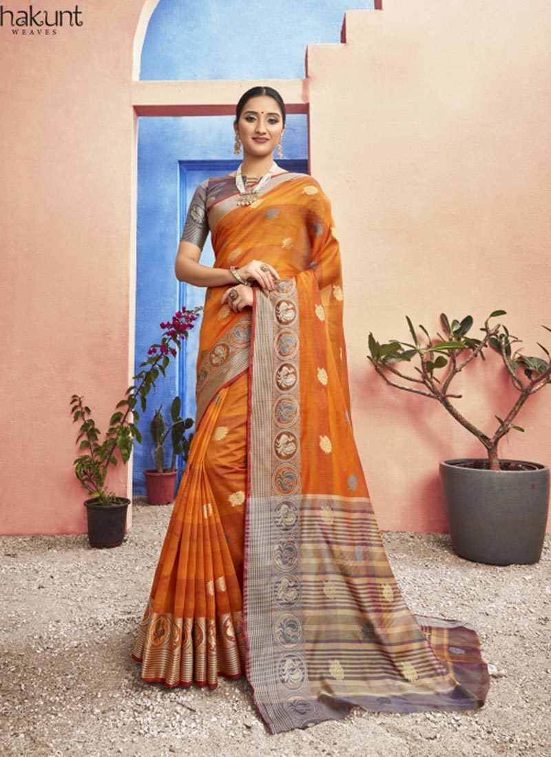 Triveni Samitha Shakunt Orange Designer Cotton Saree