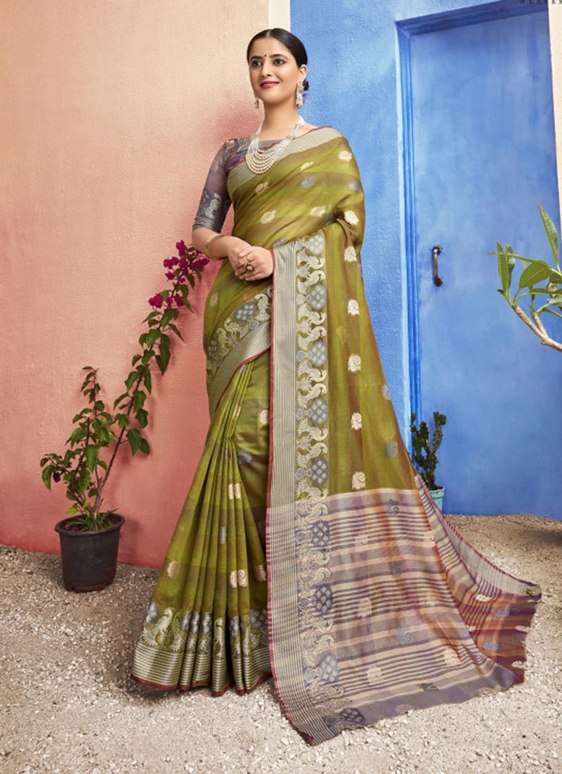 Triveni Samitha Shakunt Designer Green Cotton Saree