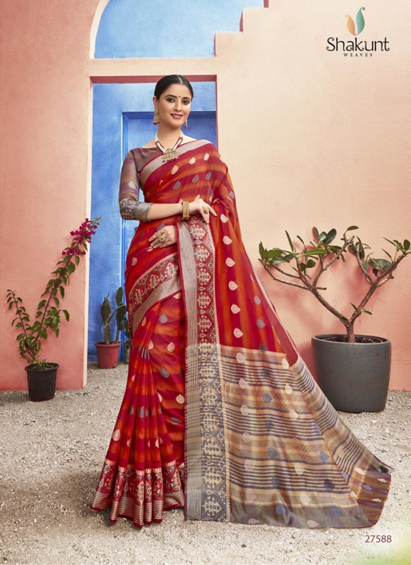 Triveni Samitha Shakunt Designer Red Cotton Saree