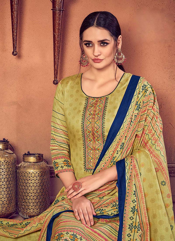 Green Cotton Straight Cut Palazzo Suit with Embroidery