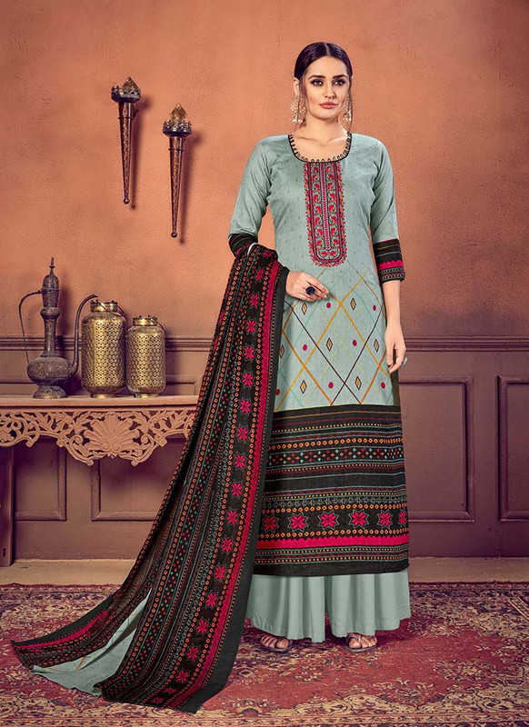 Grey Cotton Straight Cut Palazzo Suit with Embroidery