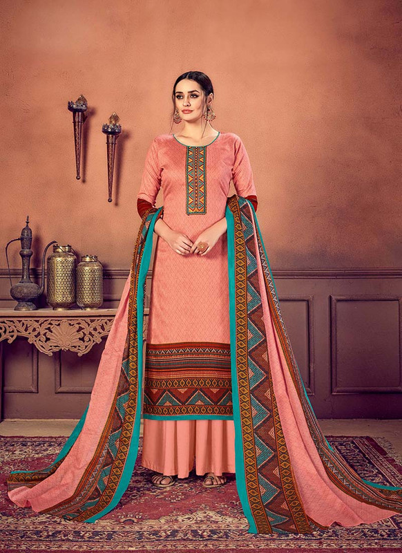 Peach Cotton Straight Cut Palazzo Suit with Embroidery
