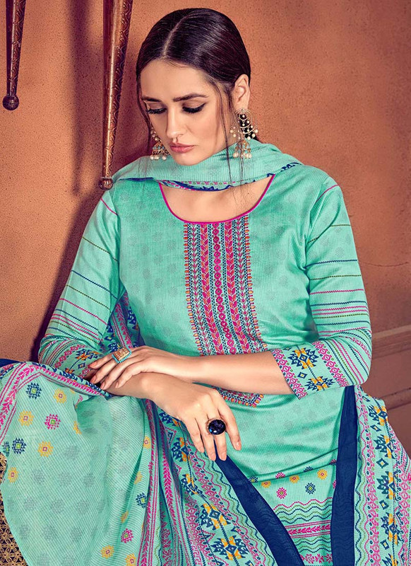 Aqua Blue Cotton Straight Cut Palazzo Suit with Embroidery