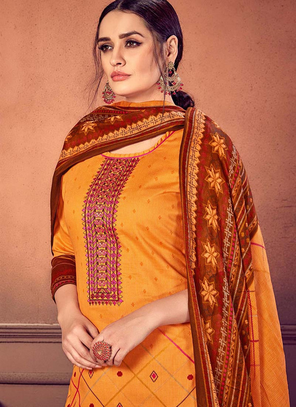 Mustard Cotton Straight Cut Palazzo Suit with Embroidery