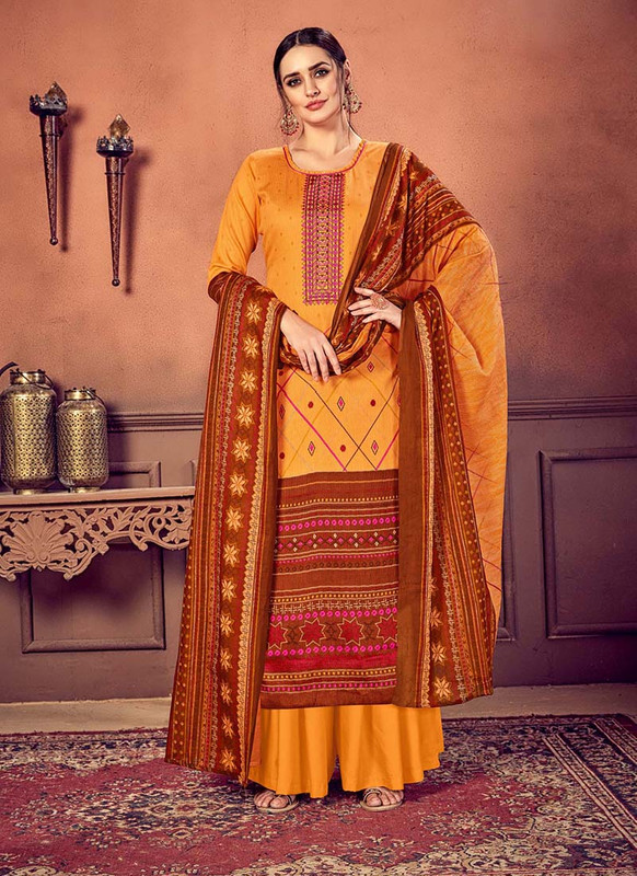 Mustard Cotton Straight Cut Palazzo Suit with Embroidery