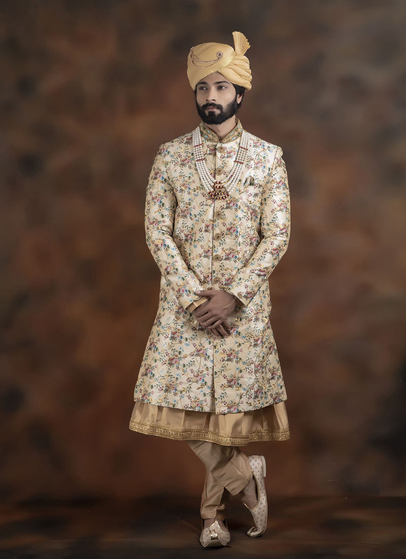 Dial N Fashion Beige, Gold Readymade Men's Designer Indo Sherwani