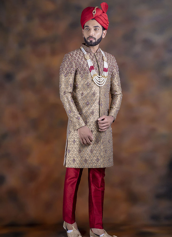 Dial N Fashion Beige Readymade Men's Designer Indo Sherwani