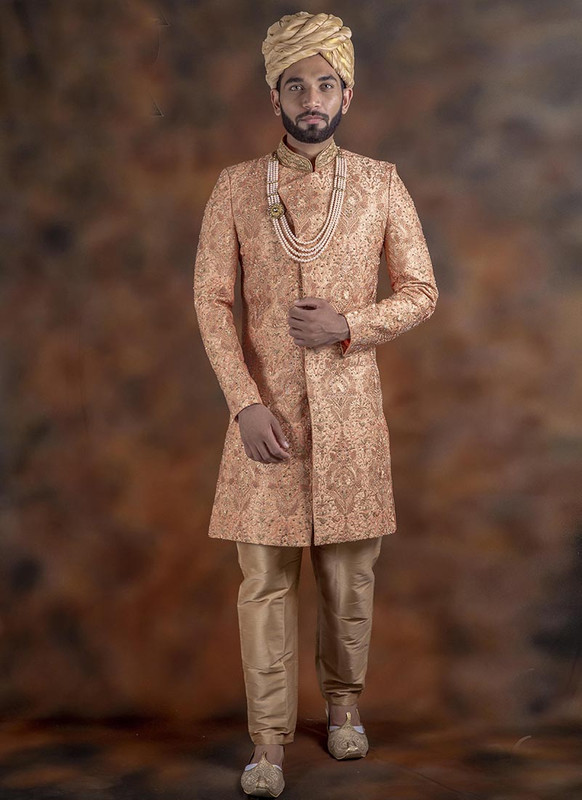 Dial N Fashion Peach Readymade Men's Designer Indo Sherwani