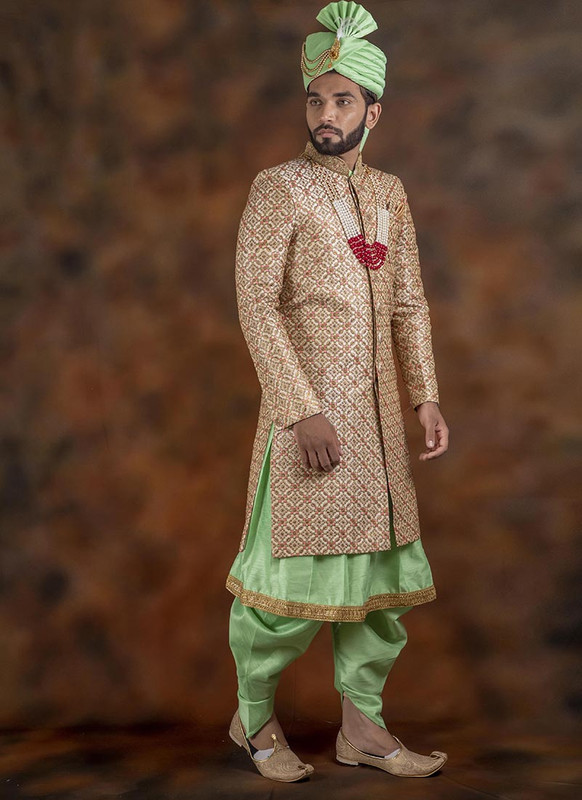 Dial N Fashion Gold,Light Green Readymade Men's Designer Indo Sherwani