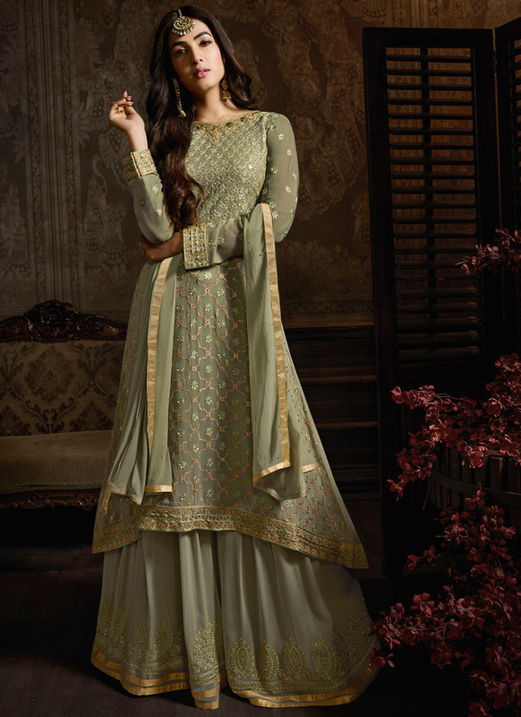 Designer Lovely Olive Party Wear Georgette Pakistani Suit