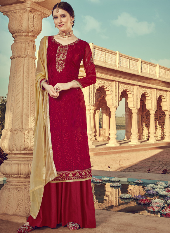 Red Viscose Party Wear Palazzo Suit