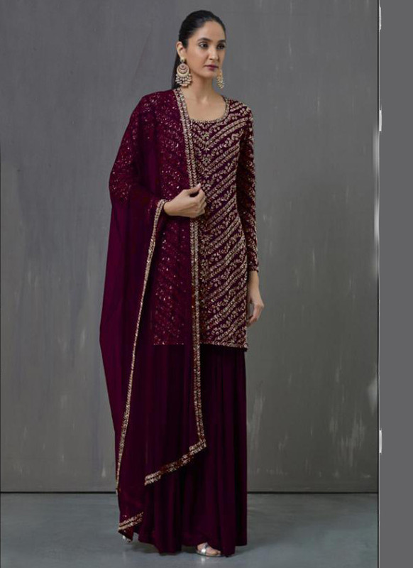 Violet Georgette Embroidered Work Pakistani Suit