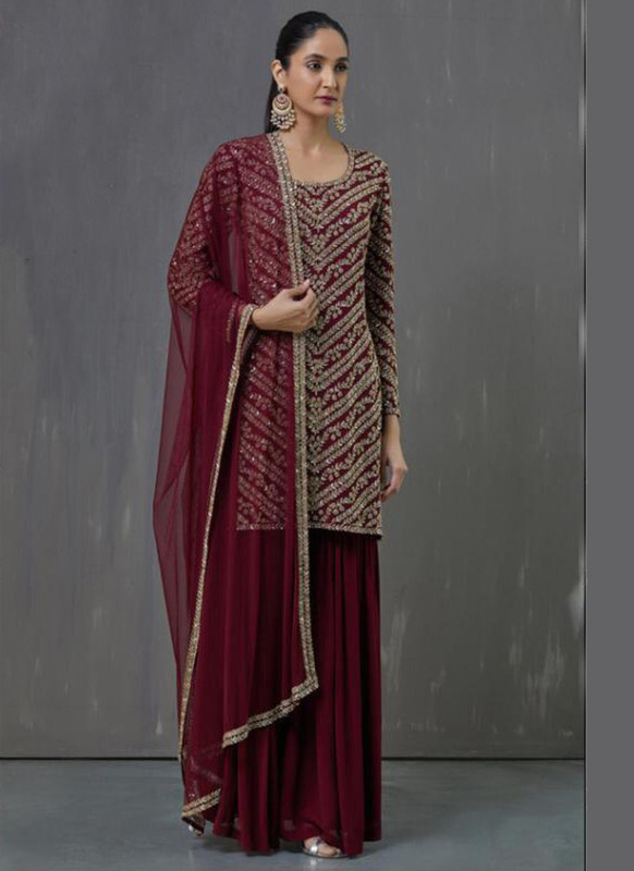Maroon Georgette Embroidered Work Pakistani Suit