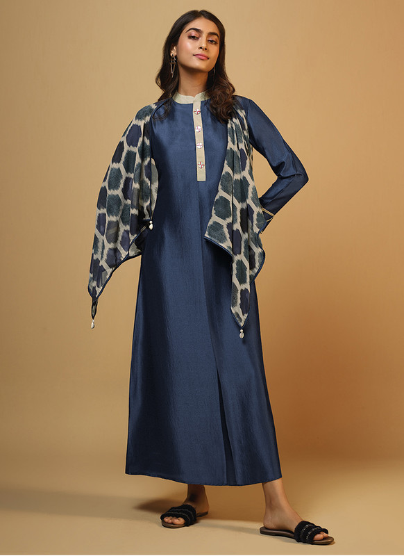 Om Text Teal Blue Casual Wear Designer Long Kurti With Scarf