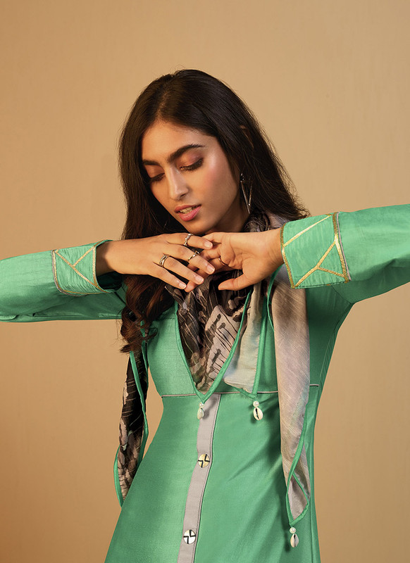Om Text Green Casual Wear Designer Long Kurti With Scarf - Dial N Fashion