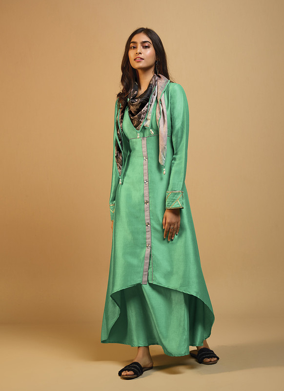 Om Text Green Casual Wear Designer Long Kurti With Scarf