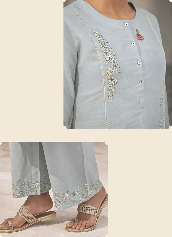 Jansi Sea Blue Designer Party Wear Readymade Linen Cotton Kurta With Bottom