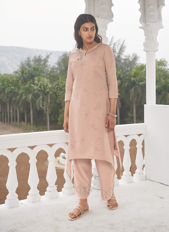 Jansi Peach Designer Party Wear Readymade Linen Cotton Kurta With Bottom