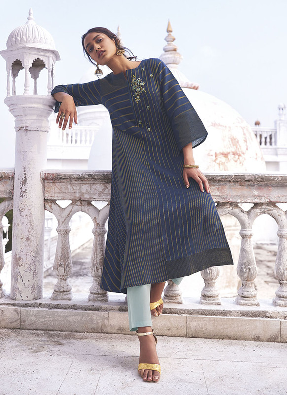 Jansi Blue Designer Party Wear Readymade Linen Cotton Kurta With Bottom