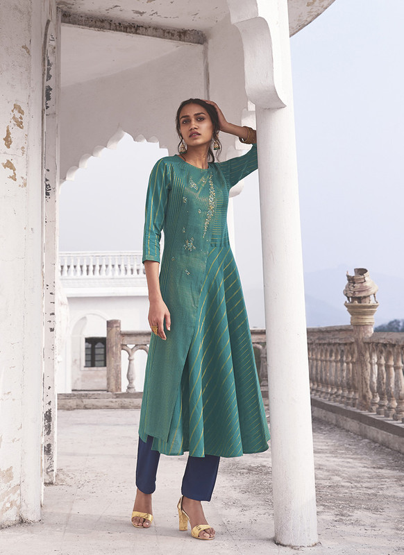 Jansi Green Designer Party Wear Readymade Linen Cotton Kurta With Bottom