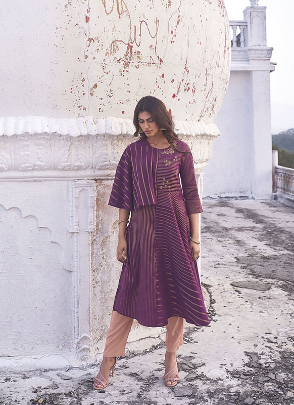 Jansi Violet Designer Party Wear Readymade Linen Cotton Kurta With Bottom