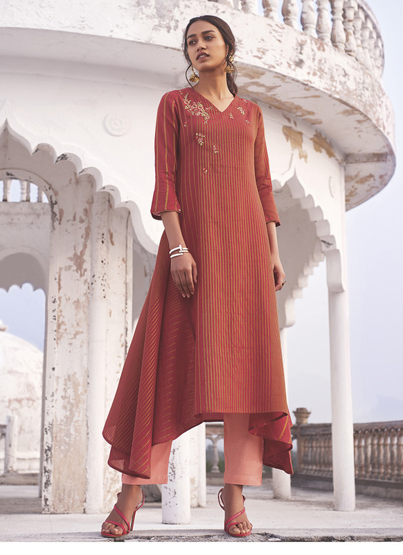 Jansi Red Designer Party Wear Readymade Linen Cotton Kurta With Bottom