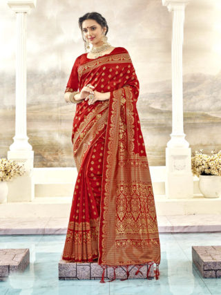 Elegent Red Designer Bridal Wear Jacquard Silk Saree