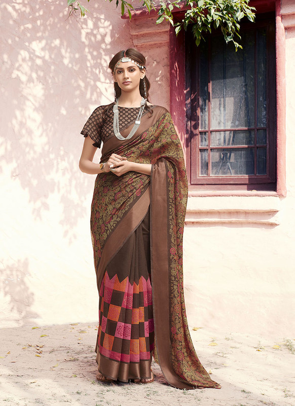 Dial N Fashion Brown  Designer Casual Wear Printed Cotton Silk Saree
