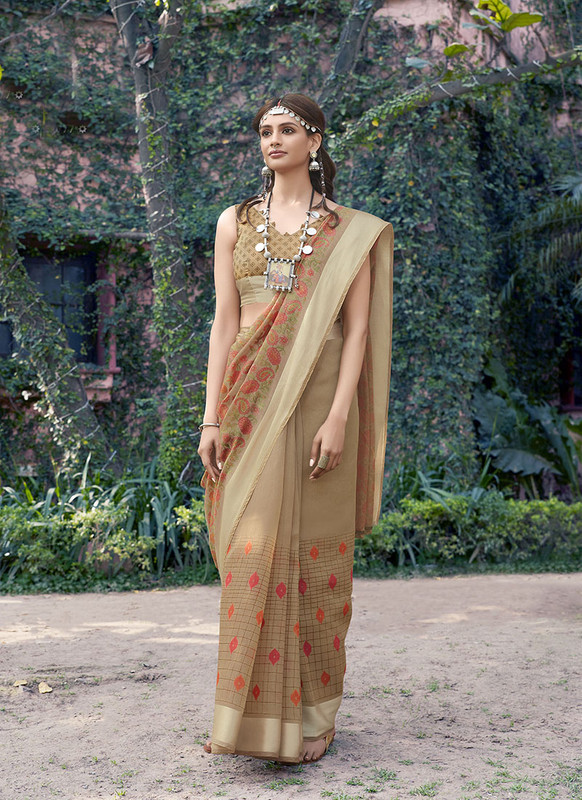Dial N Fashion Beige  Designer Casual Wear Printed Cotton Silk Saree