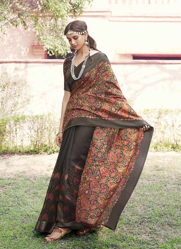 Dial N Fashion Coffee  Designer Casual Wear Printed Cotton Silk Saree
