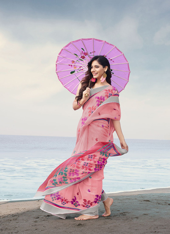 Dial N Fashion Pink  Latest Designer Casual Wear Printed Soft Linen Saree