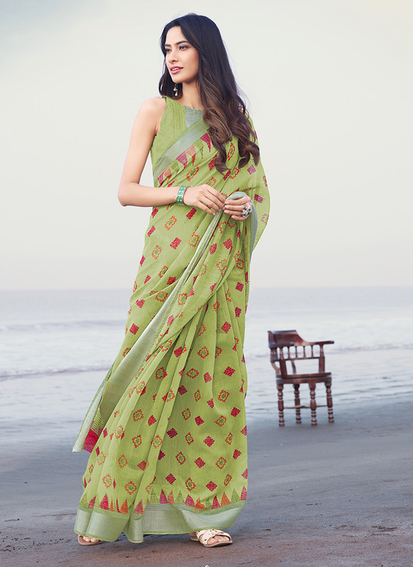Dial N Fashion Green  Latest Designer Casual Wear Printed Soft Linen Saree
