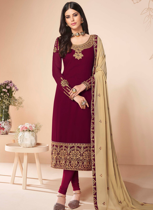 Salwar Kameez From Ashirwad with Maroon Color Georgette Party Wear Churidar Suit