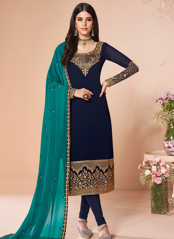 Salwar Kameez From Ashirwad with Navy Blue Color Georgette Party Wear Churidar Suit