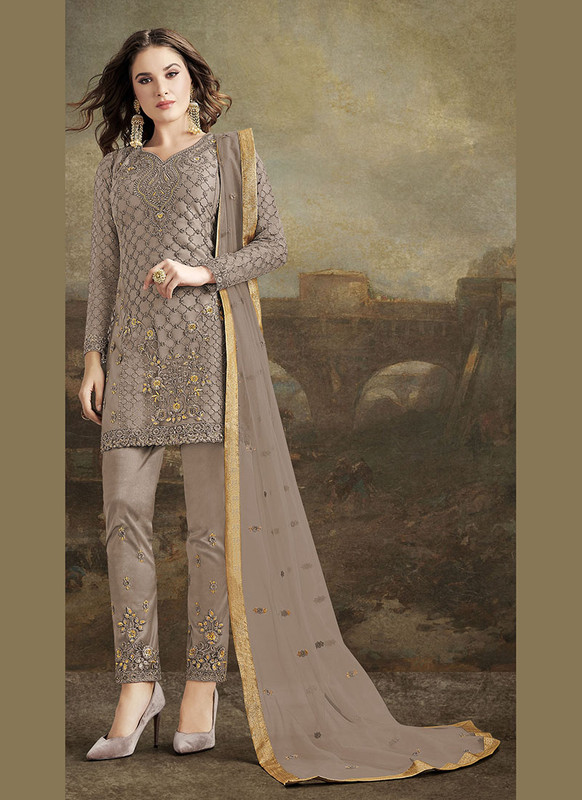 Raazi Beige Heavy Designer Embroidred Pant Style Pakistani Style Suit