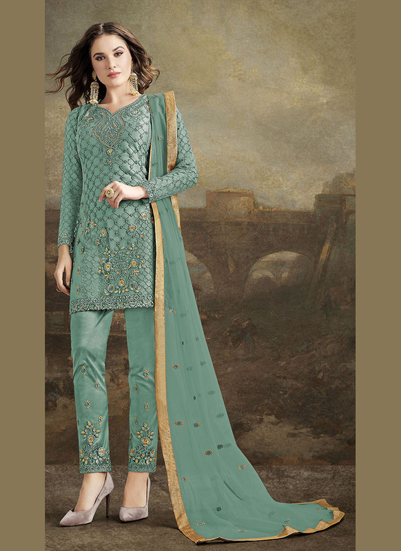 Raazi Sea Green Heavy Designer Embroidred Pant Style Pakistani Style Suit