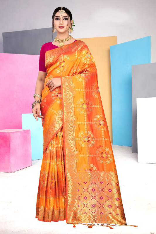Dial N Fashion Orange Latest Designer Party Wear Pure Silk Saree