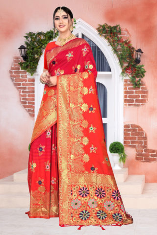 Dial N Fashion Red Latest Designer Party Wear Pure Silk Saree