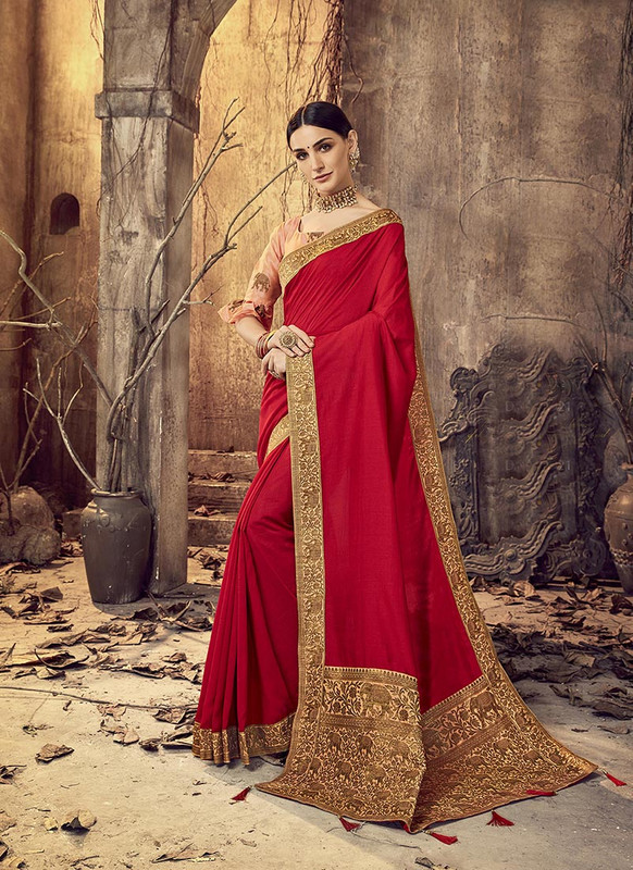Dial N Fashion Red Latest Designer Party Wear Vichitra Silk Saree