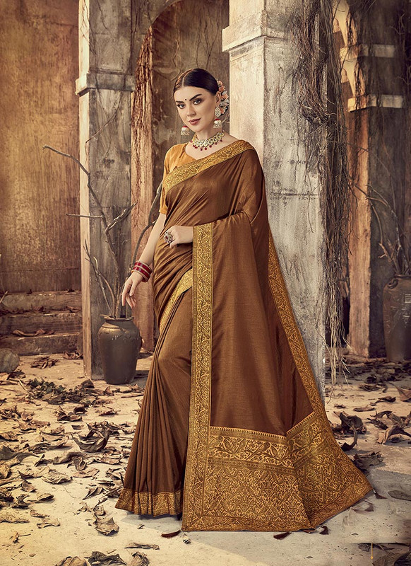 Dial N Fashion Copper Gold Latest Designer Party Wear Vichitra Silk Saree