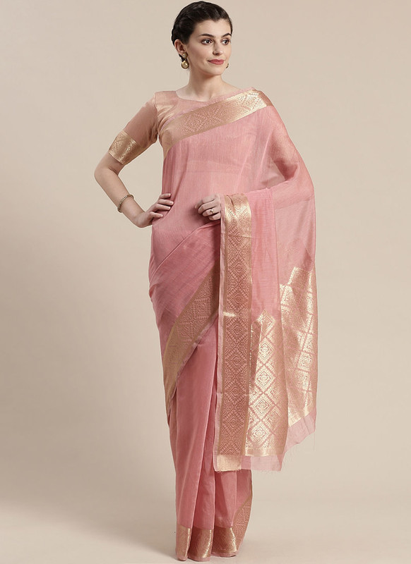 Dial N Fashion Light Pink Printed Casual Wear Linen Blend Saree